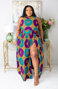 African Sleeveless Long Dress - Turtleneck Dashiki Maxi Dress - PETRA
