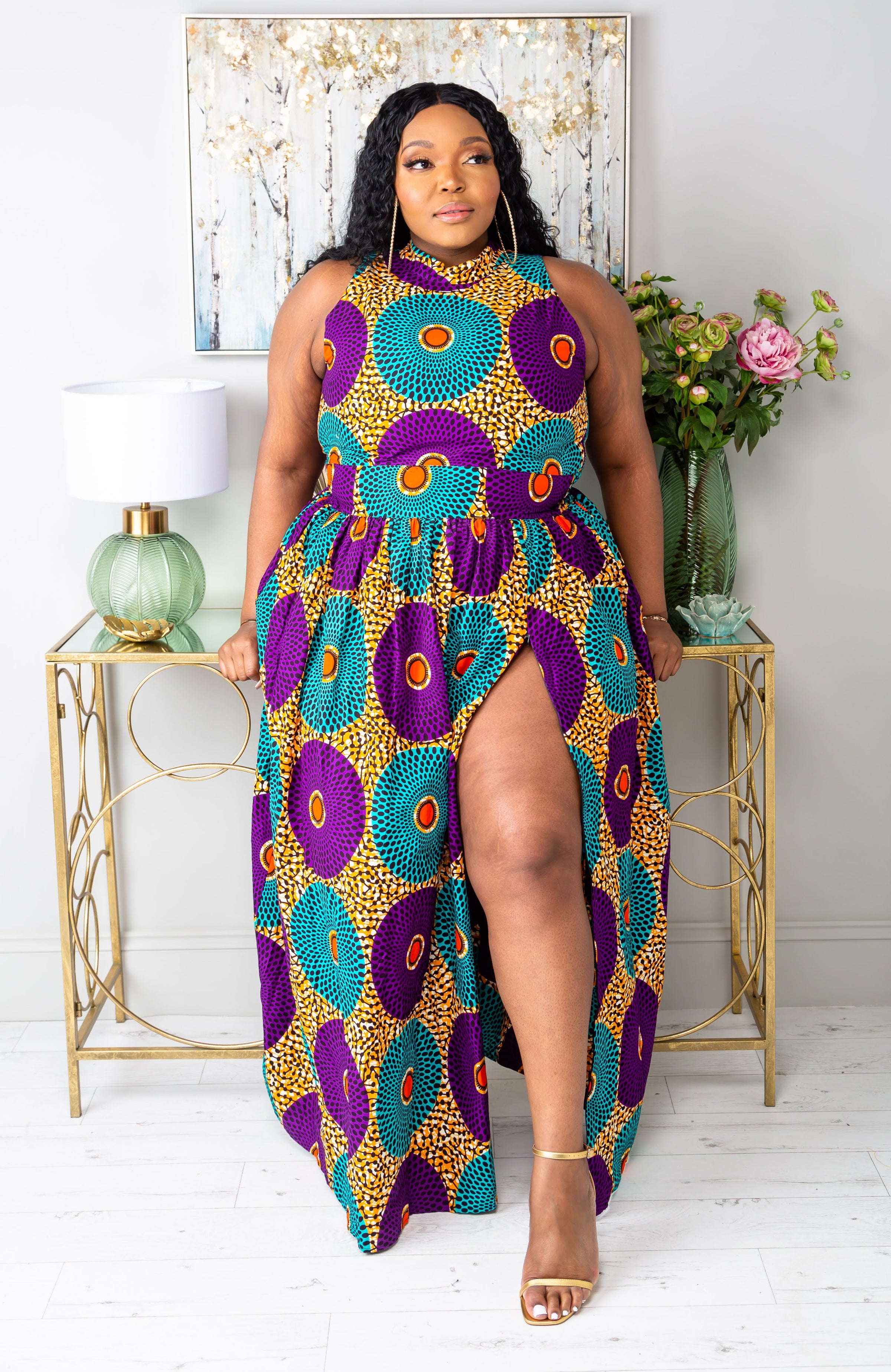 African Sleeveless Long Dress - Turtleneck Dashiki Maxi Dress - PETRA