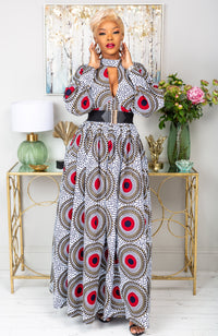 Deep V Turtleneck Ankara Maxi Dress - Long Sleeved Maxi Dress - DEBRA
