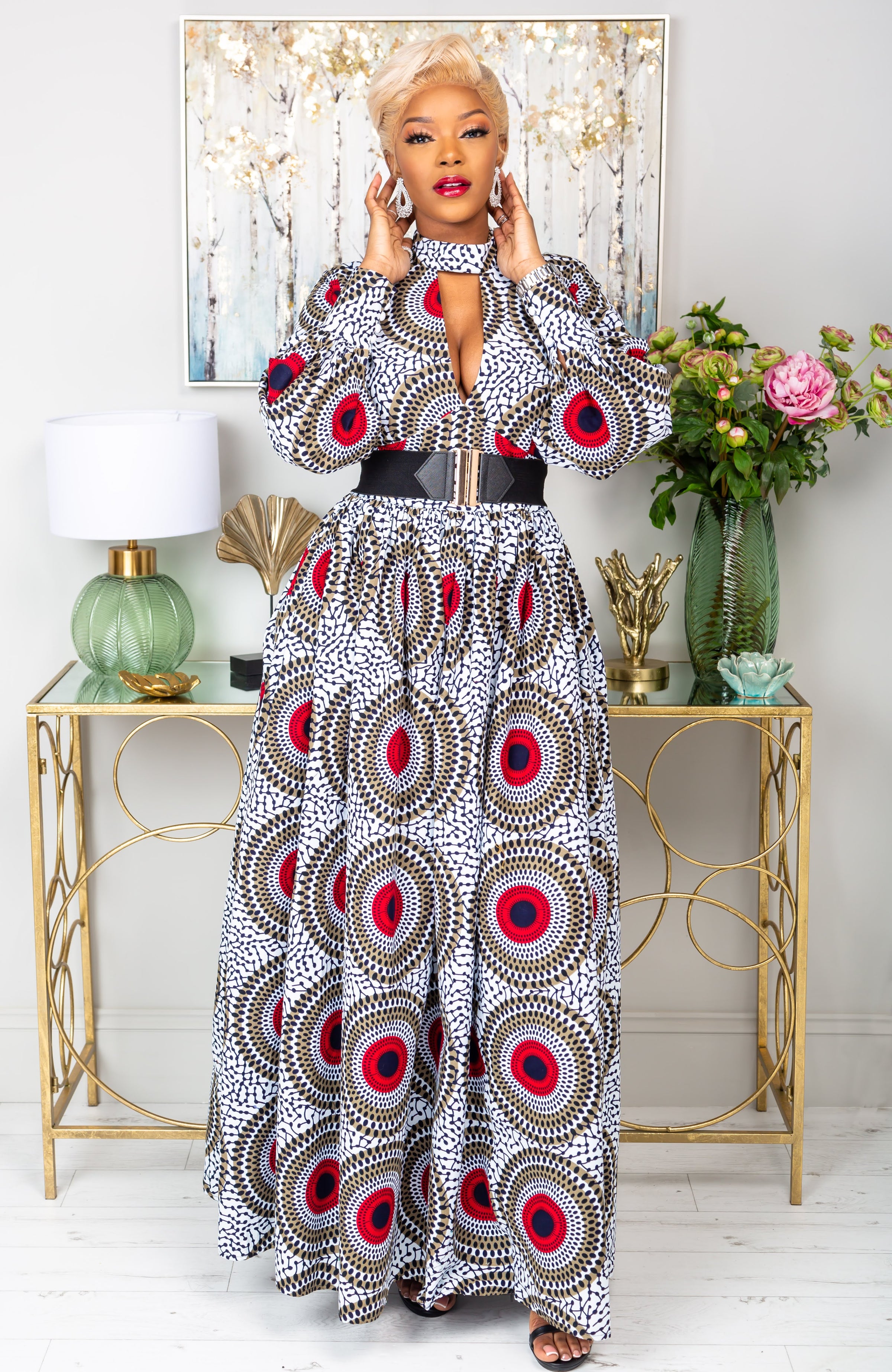 Deep V Turtleneck Ankara Maxi Dress - Long Sleeved Maxi Dress - DEBRA