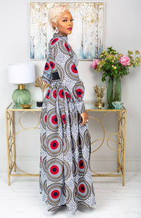 Deep V Turtleneck Ankara Maxi Dress - Long Sleeved Maxi Dress - DEBRA