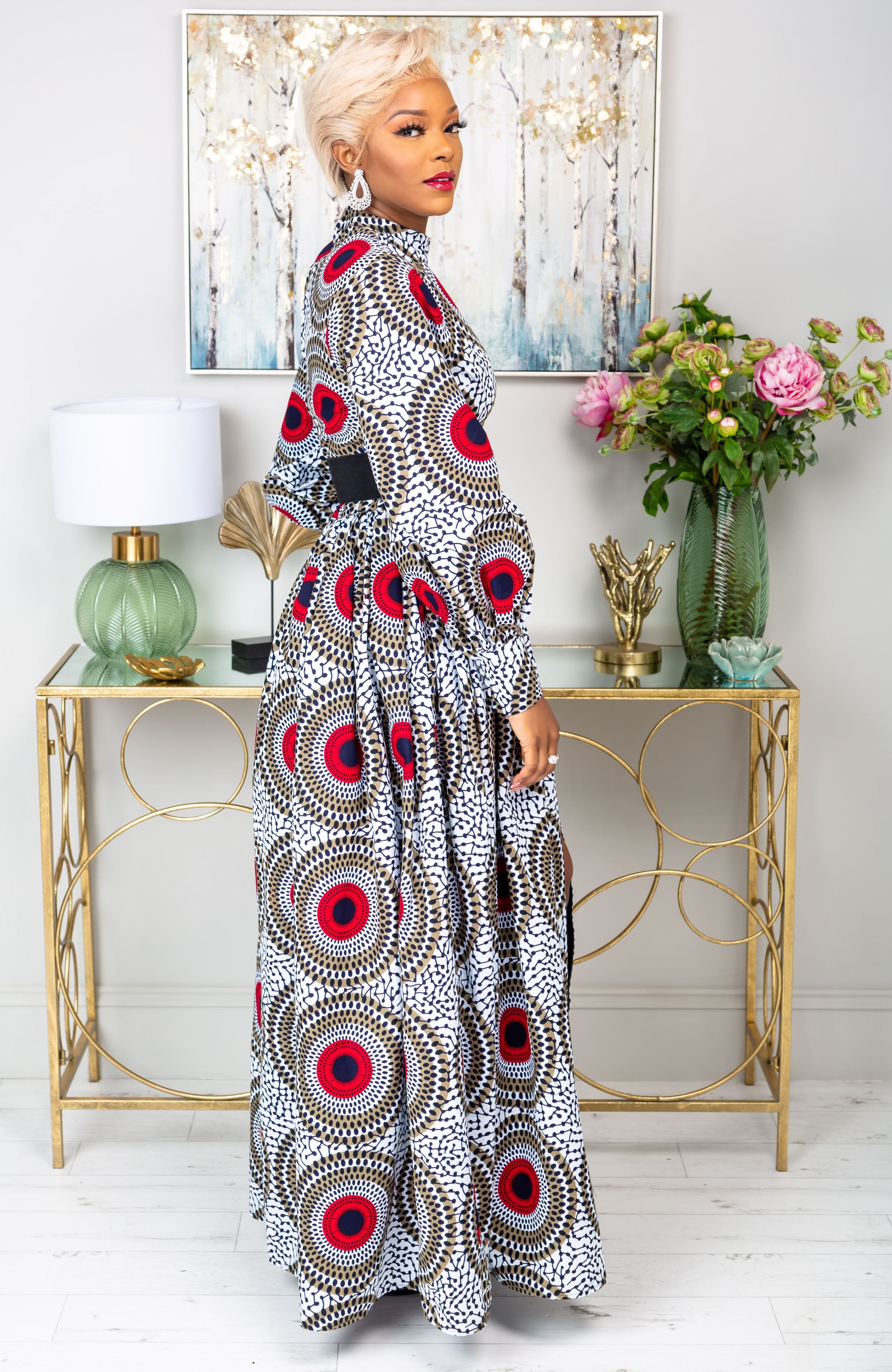 Deep V Turtleneck Ankara Maxi Dress - Long Sleeved Maxi Dress - DEBRA