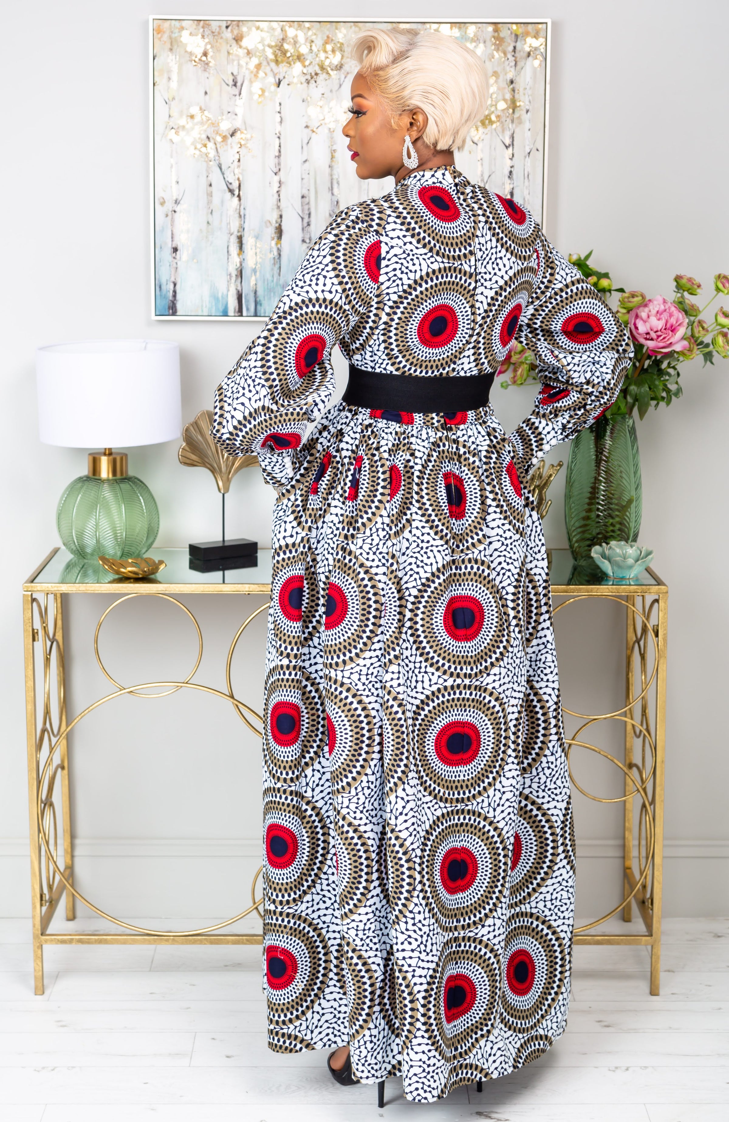 Deep V Turtleneck Ankara Maxi Dress - Long Sleeved Maxi Dress - DEBRA