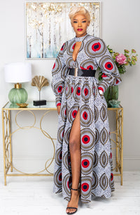 Deep V Turtleneck Ankara Maxi Dress - Long Sleeved Maxi Dress - DEBRA