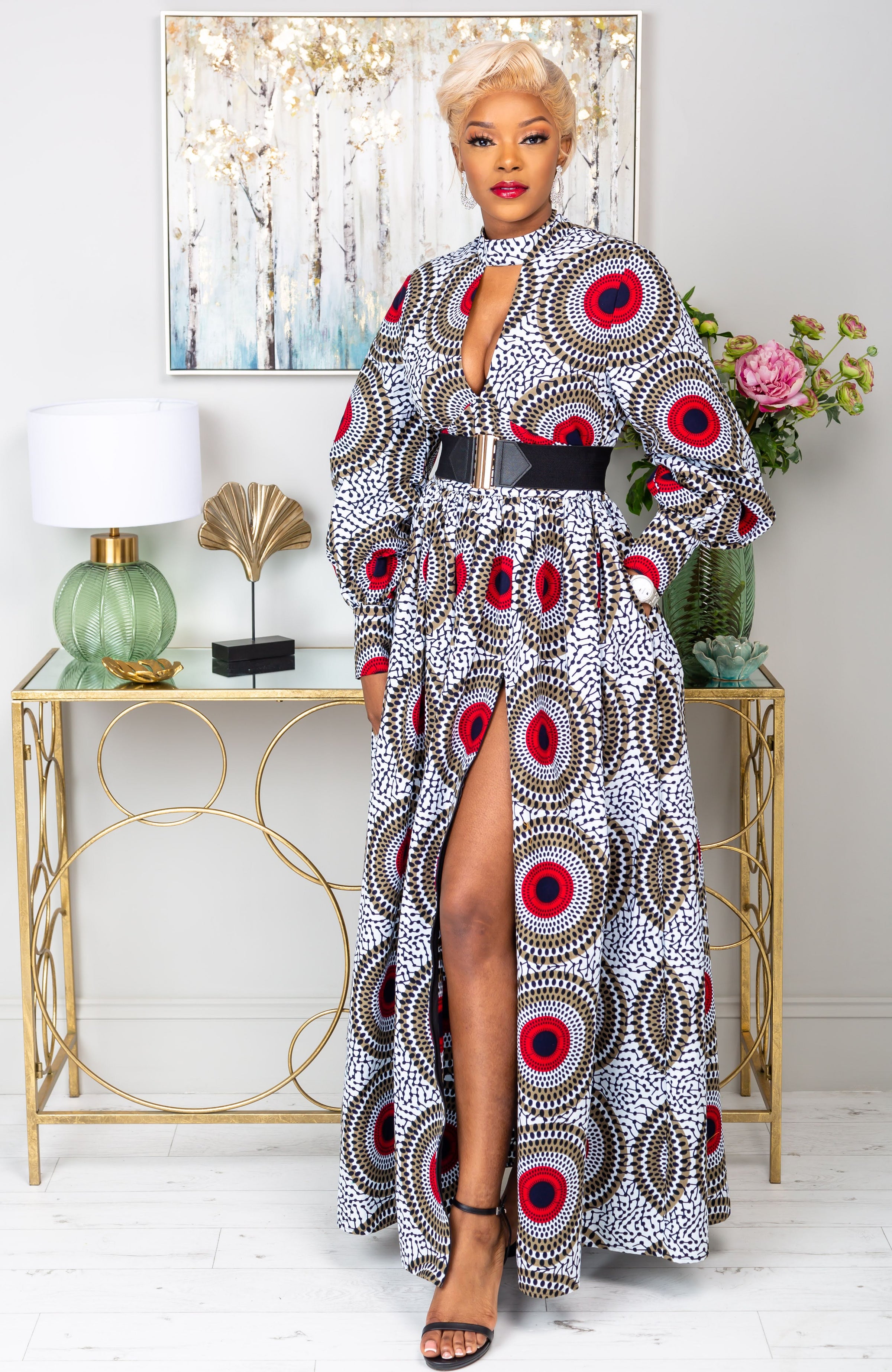 Deep V Turtleneck Ankara Maxi Dress - Long Sleeved Maxi Dress - DEBRA