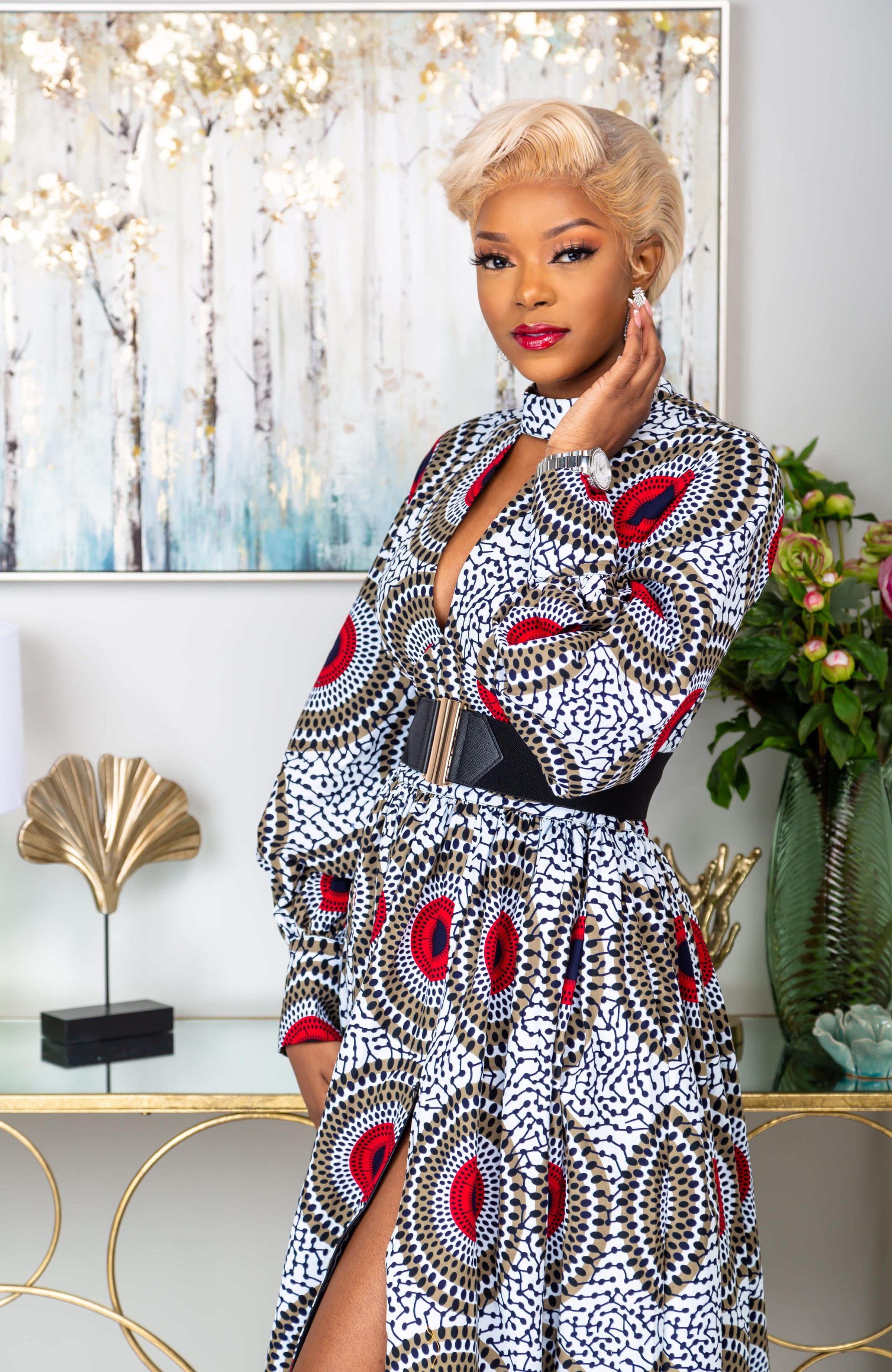 Deep V Turtleneck Ankara Maxi Dress - Long Sleeved Maxi Dress - DEBRA