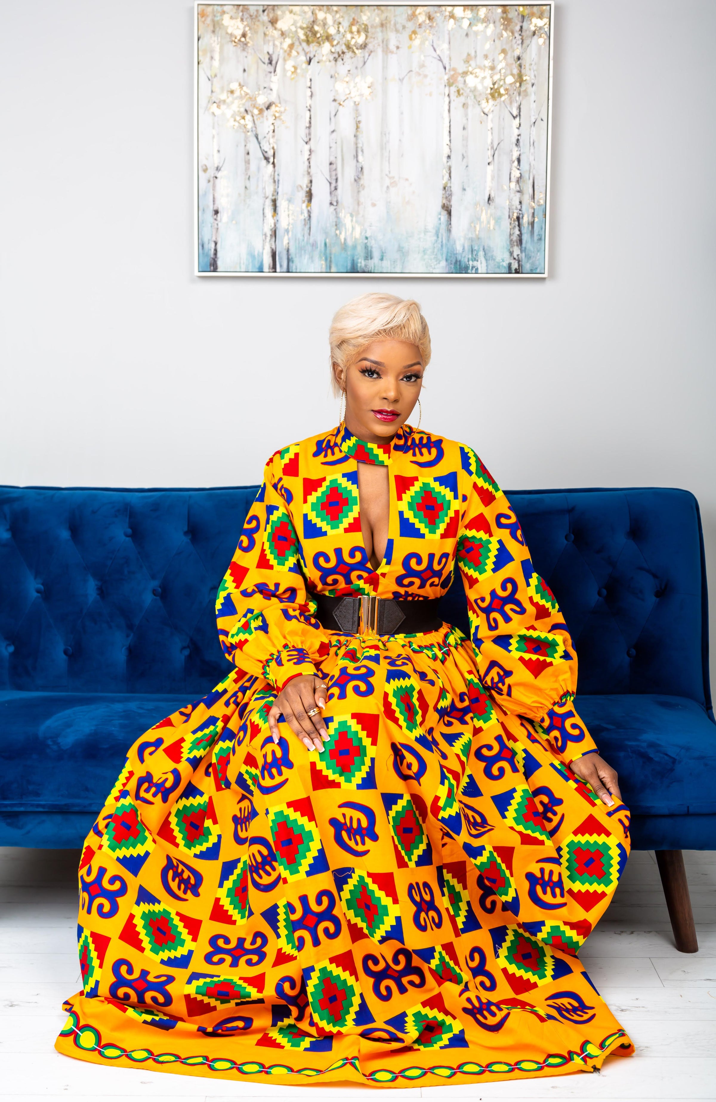 Kente High Neck Deep V African Print Maxi Dress - NATALIA