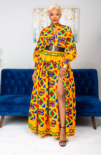 Kente High Neck Deep V African Print Maxi Dress - NATALIA