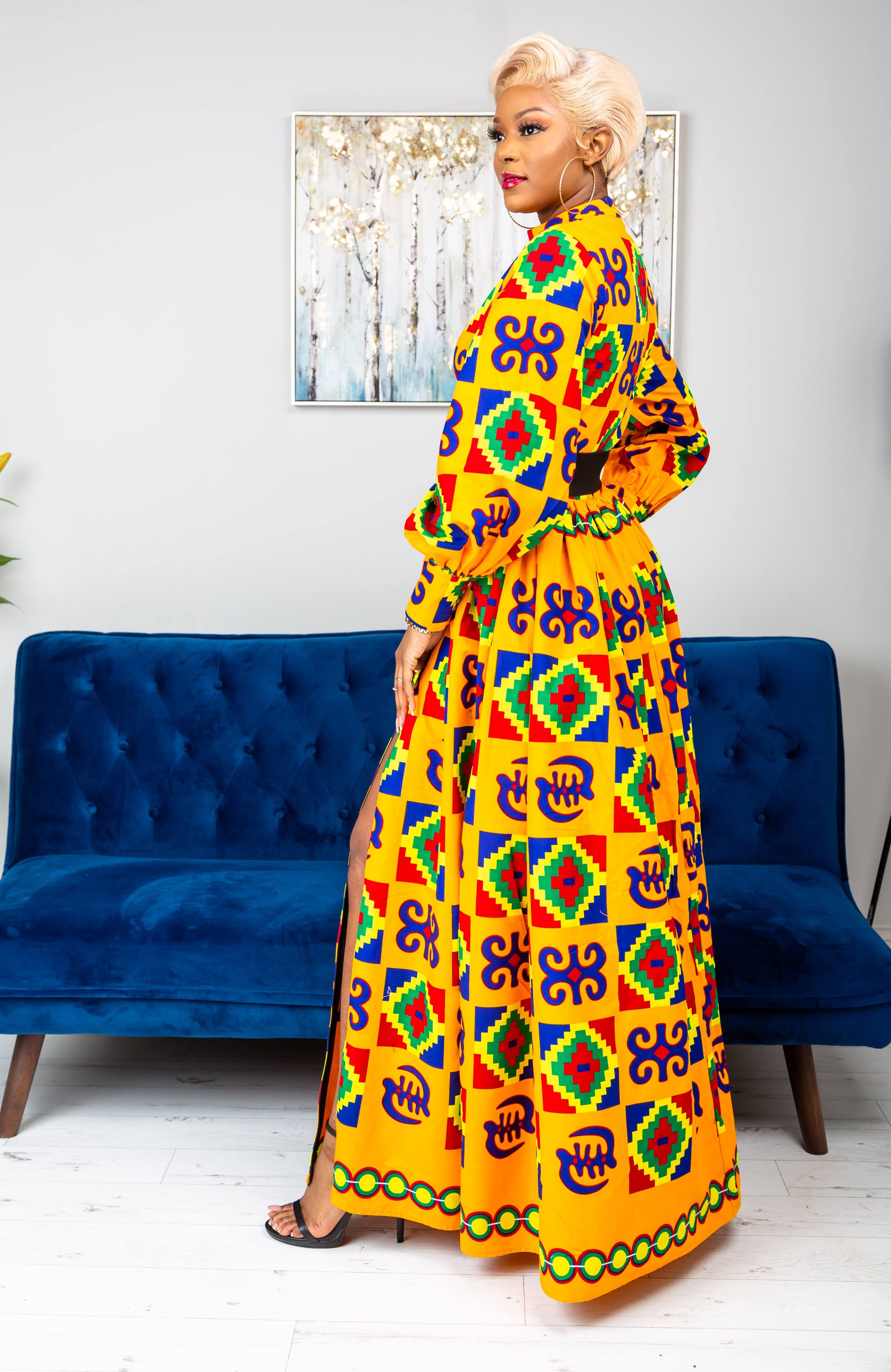 Kente High Neck Deep V African Print Maxi Dress - NATALIA