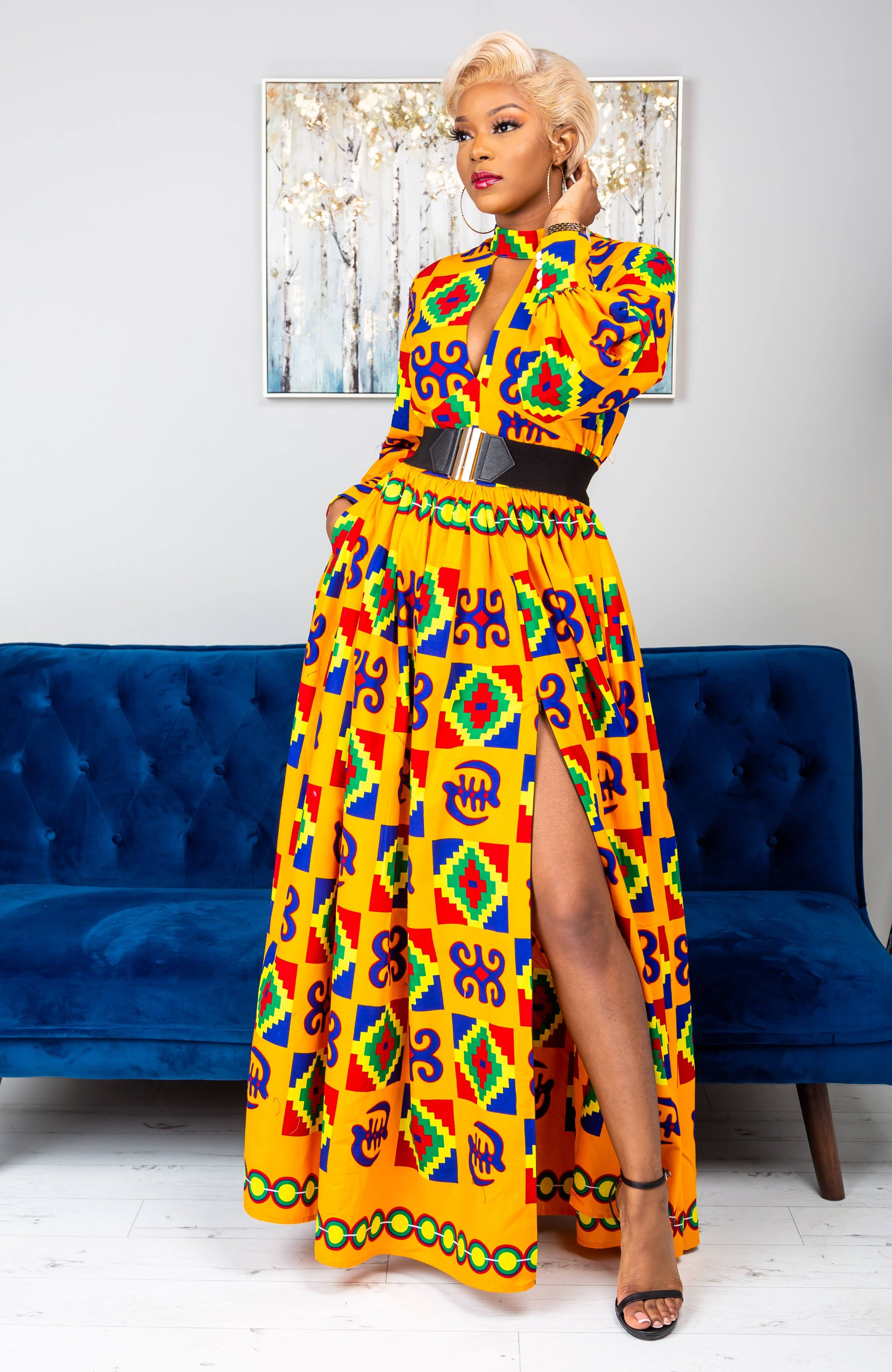 Kente High Neck Deep V African Print Maxi Dress - NATALIA