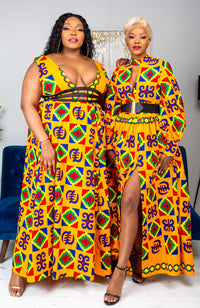 Kente High Neck Deep V African Print Maxi Dress - NATALIA
