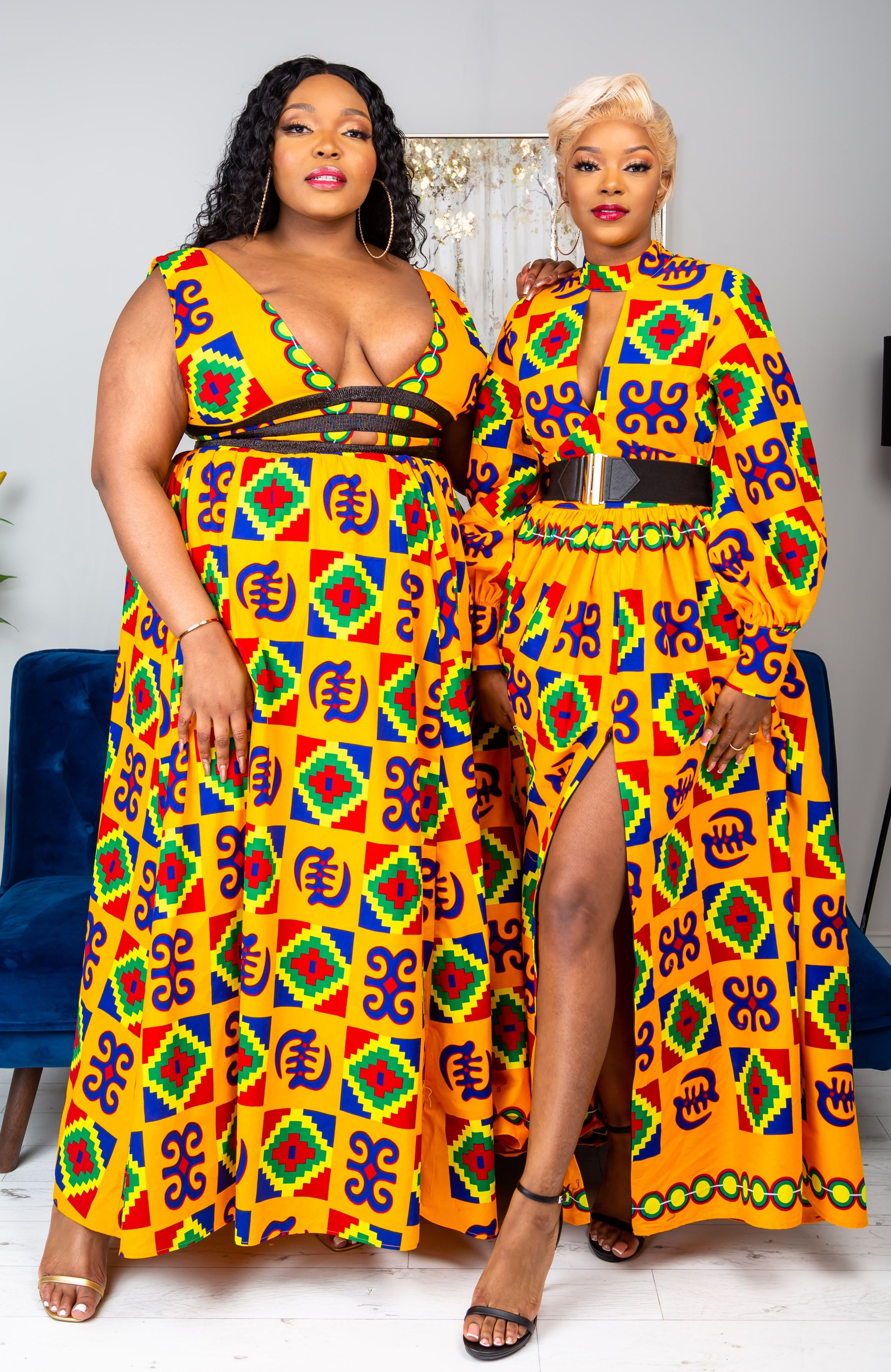 Kente High Neck Deep V African Print Maxi Dress - NATALIA