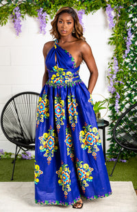 African Print Blue Infinity Multiway Maxi Dress - FRANCA