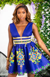 Blue African Print Plunge Neckline Mini Dress - FRANCA