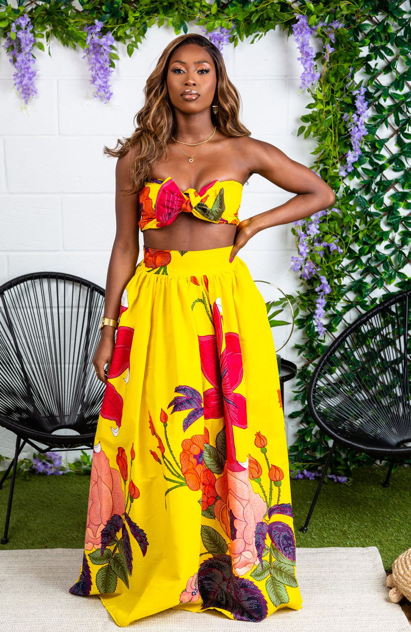 Women Floral Maxi Yellow Skirt and Scarf - CARLA