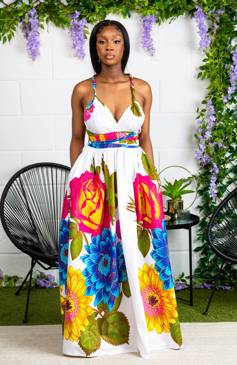 African Print White Floral Infinity Multiway Maxi Dress - THALIA