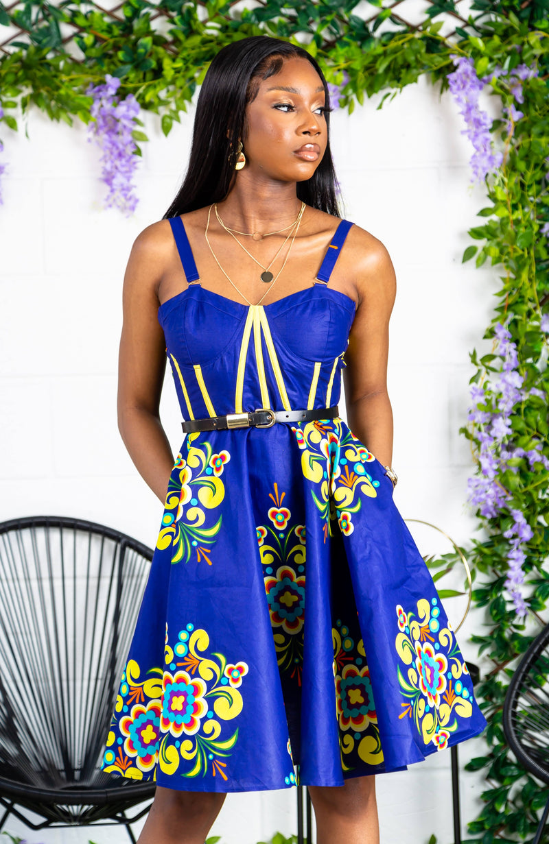 African Print Fit & Flare Corset Midi Dress - FRANCA