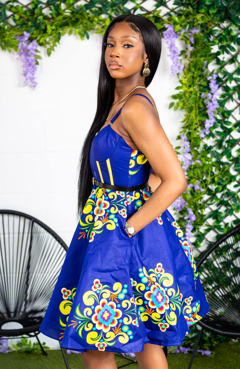 African Print Fit & Flare Corset Midi Dress - FRANCA