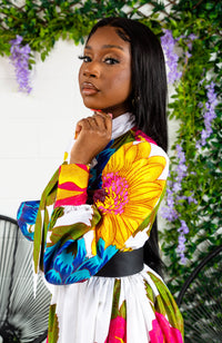 African Print White Floral Pussy-bow Maxi Dress - THALIA