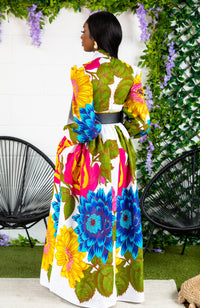 African Print White Floral Pussy-bow Maxi Dress - THALIA