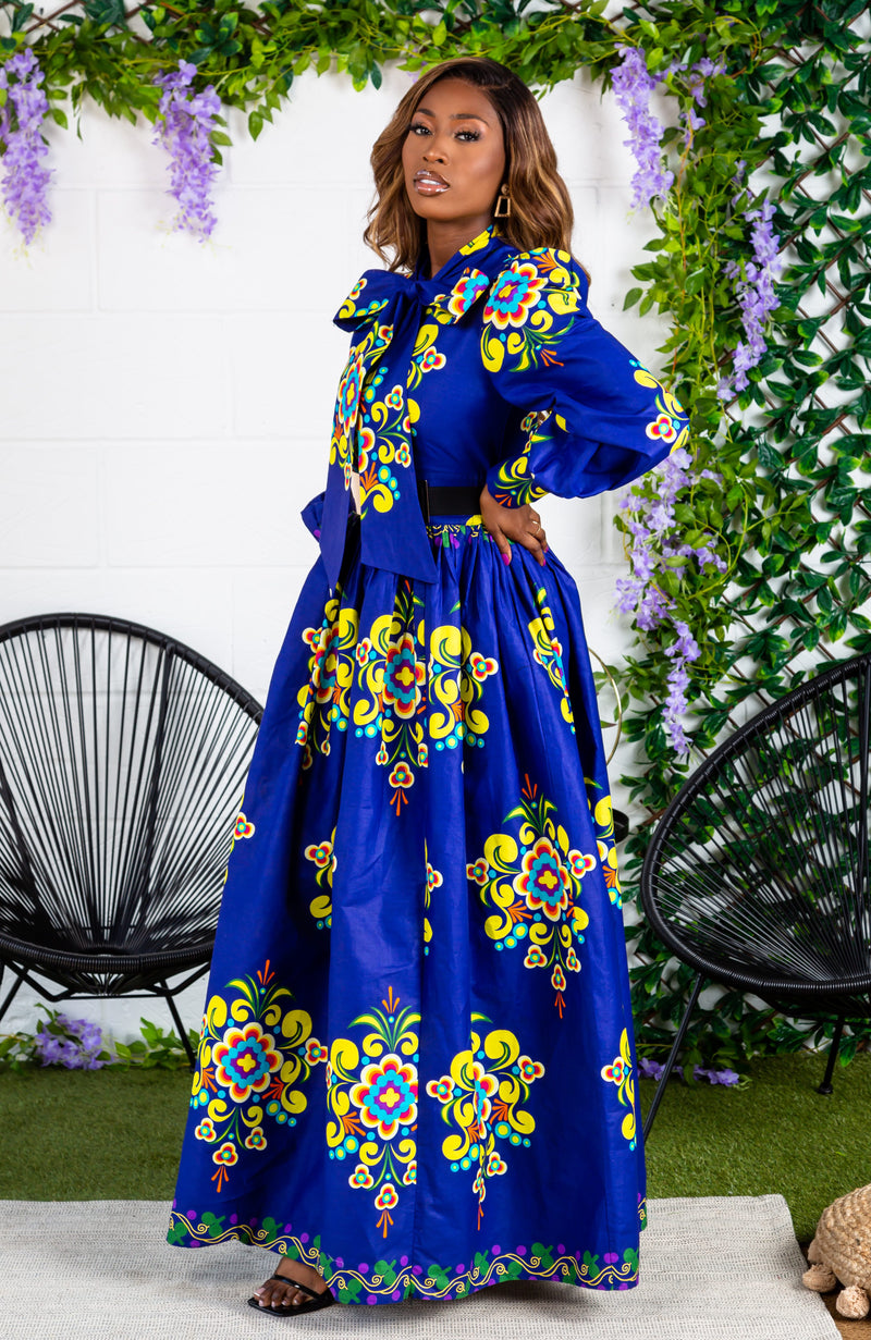 Blue & Yellow Printed Maxi Dress