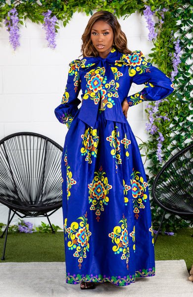 Blue Floral African Print Pussybow Ankara Maxi Dress - FRANCA – LAVIYE