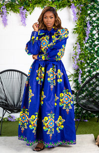 Blue Floral African Print Pussybow Ankara Maxi Dress - FRANCA