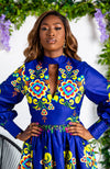 African Print High Neck Deep V Long-Sleeved Maxi Dress - FRANCA